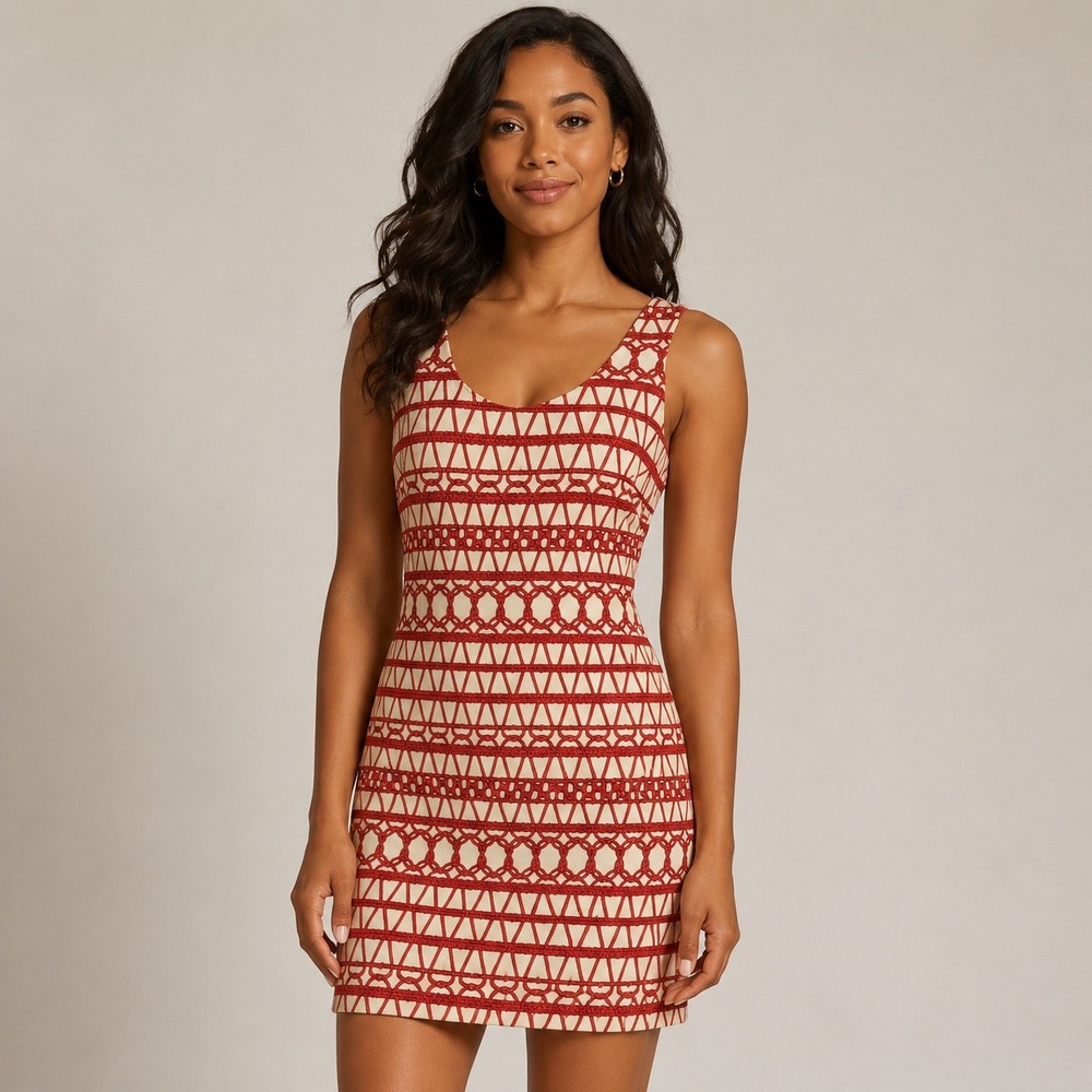 Waverly Grey Silk Geometric Sleeveless Dress Red Cream Size 4 Made in USA READ